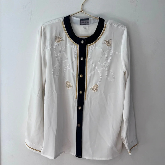 Bora Bora Vintage blouse white button down holiday New Year’s Eve - Picture 1 of 11